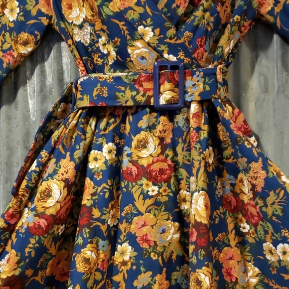 Lindy Bop Vivi Dark Blue Floral Swing Dress - Picture 3 of 4